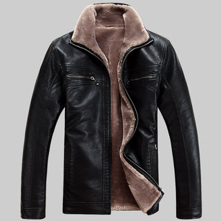 Men's business standing collar, fur and leather thickened synthetic leather overcoat